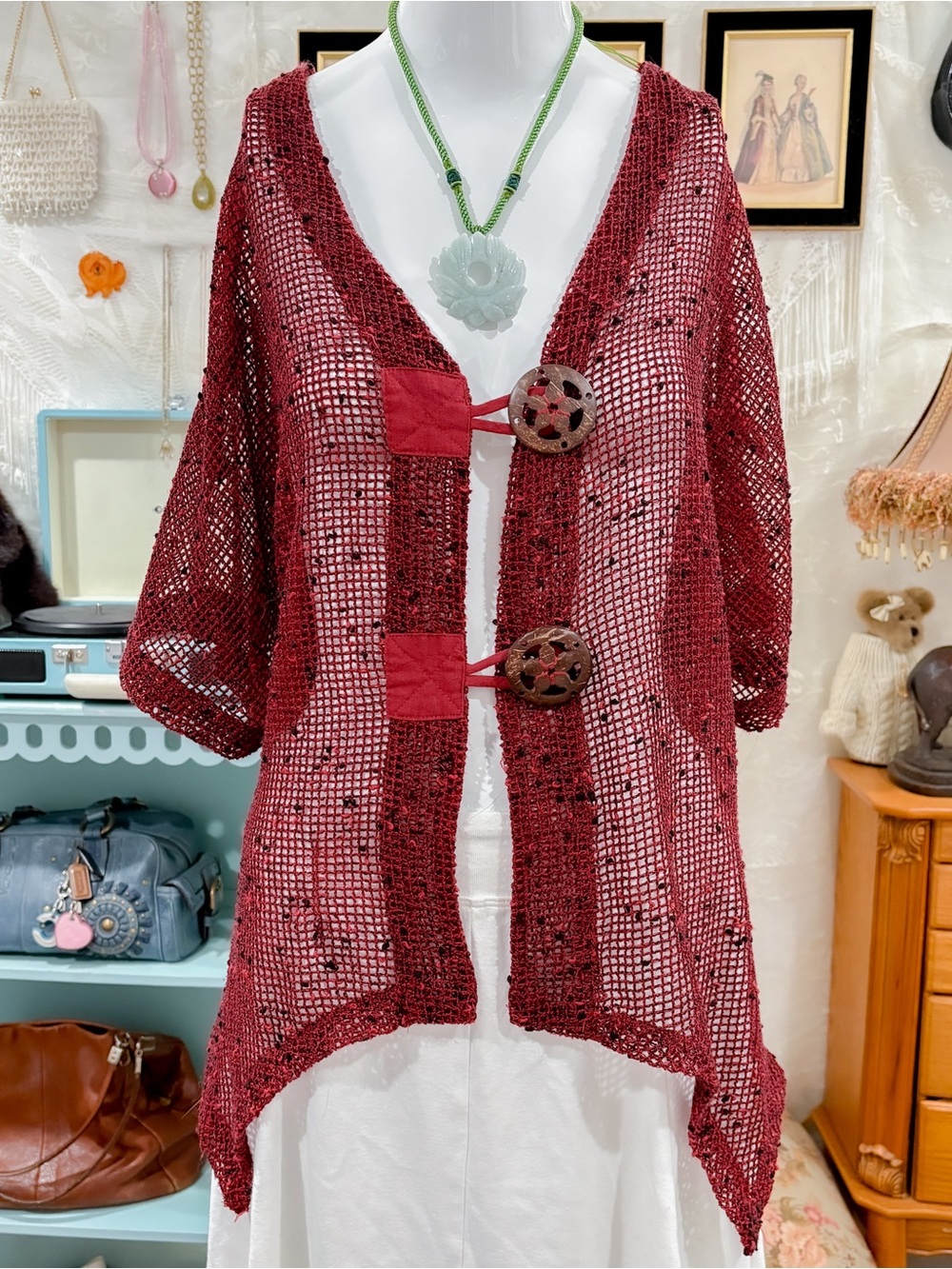 Vintage Y2K boho coastal girly asymmetrical fairy hem crochet red cardigan